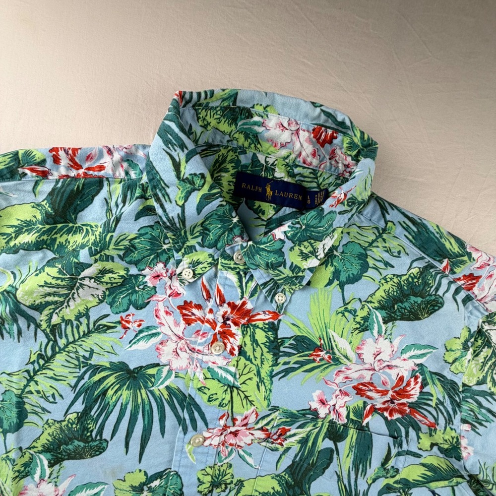 Ralph Lauren Tropical Floral Button Down Shirt Mens LG Blue Short Sleeve 0126